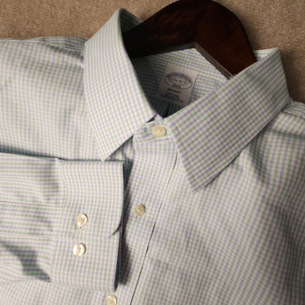 Brooks Brothers Dress Shirt Mens 17.5 34/35 Blue Green Regent Non-Iron Check